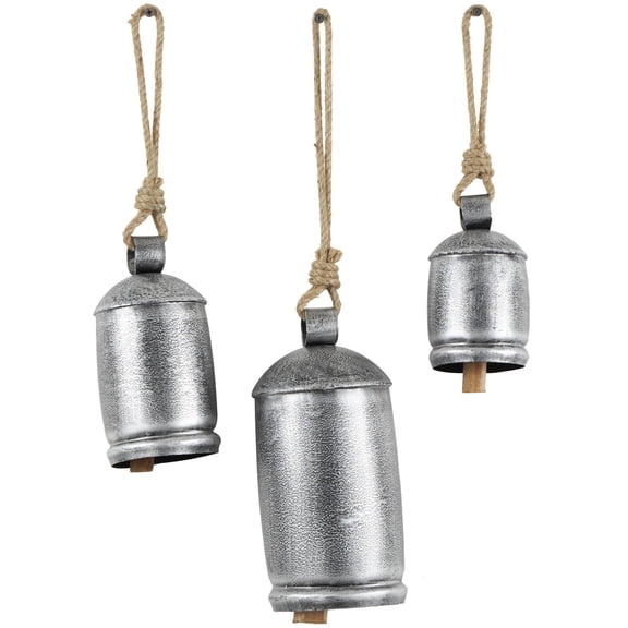 DecMode Gray Metal Tibetan Inspired Decorative Hanging Bell Chime Set of 3 12", 15", 20"H, Features a Round Shape with Solid Pattern and Metal Clappers