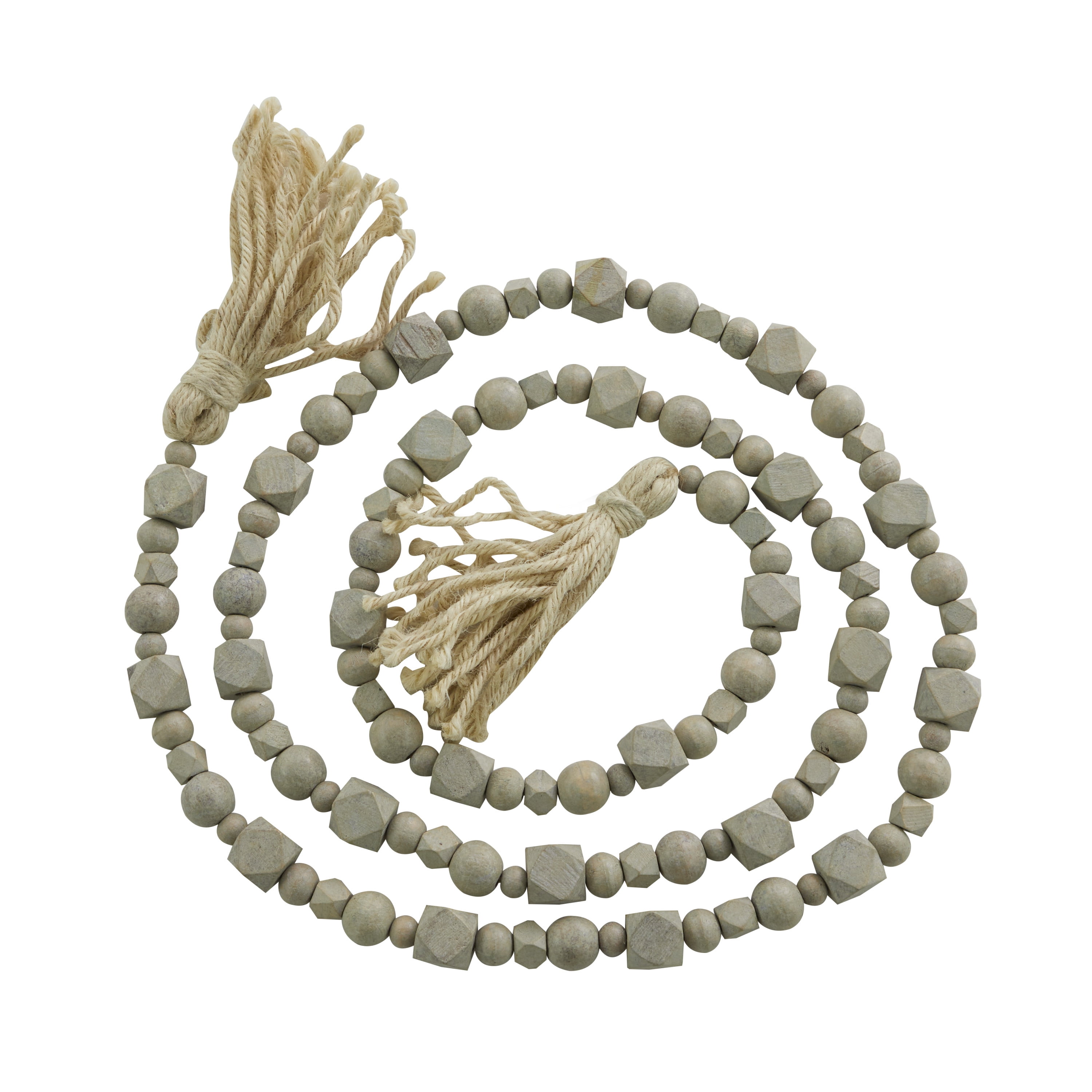 DecMode Gray Wood Bohemian Garland Décor with Geometric Bead Details and Cream Cotton Tassel, 81"L