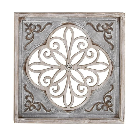DecMode Gray Metal Scroll Cutout Home Wall Decor with Brown Wood Accents, 36" x 1" x 36"