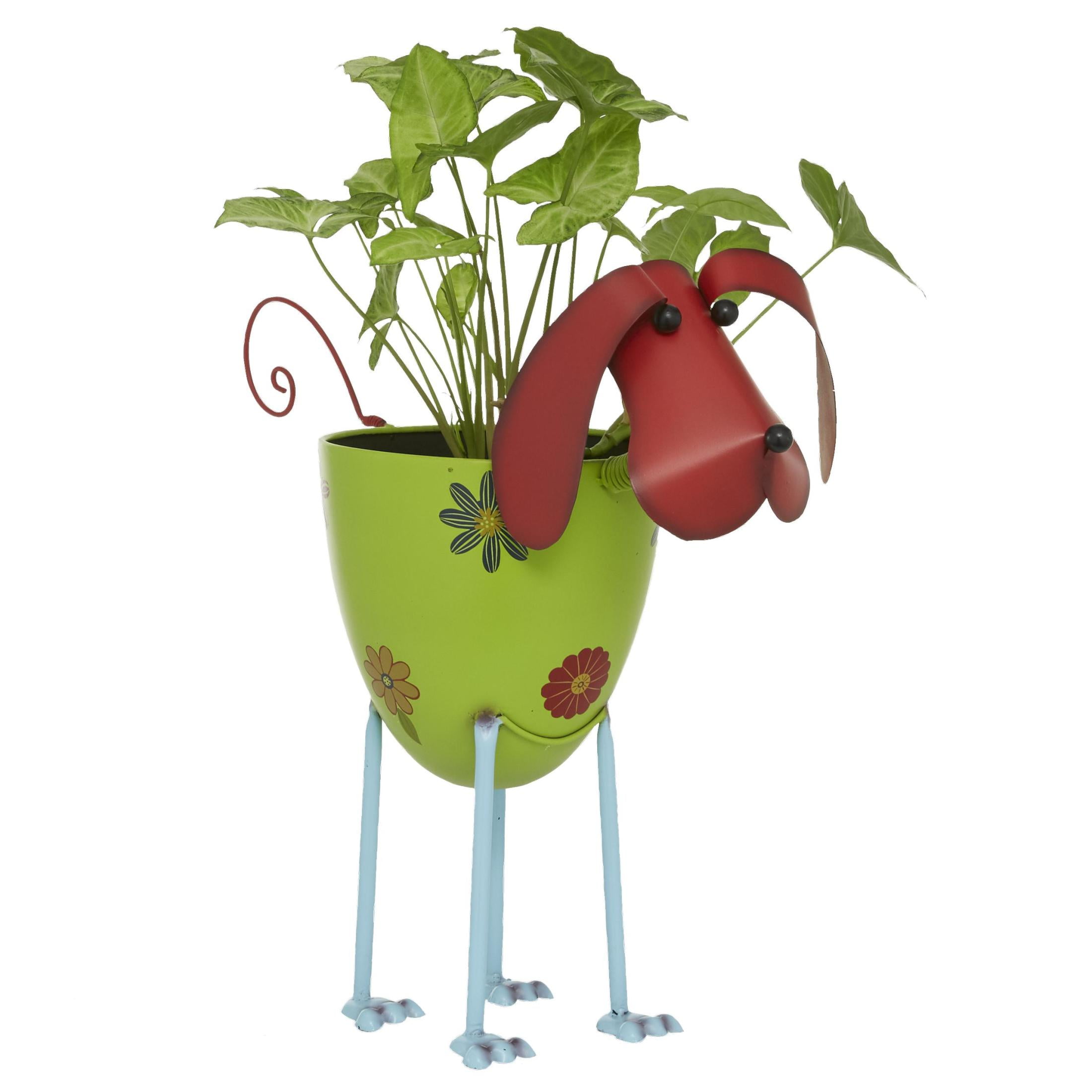 DecMode Green Farmhouse Metal Indoor/Outdoor Dog Shape Planter with Floral Design, 19"W x 18"H