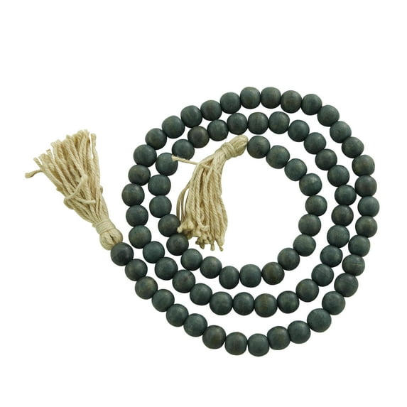 DecMode Green Wood Bohemian Garland Décor with Geometric Bead Details and Cream Cotton Tassel, 81"L