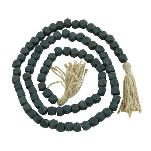 DecMode Green Wood Bohemian Garland Décor with Geometric Bead Details and Cream Cotton Tassel, 82"L