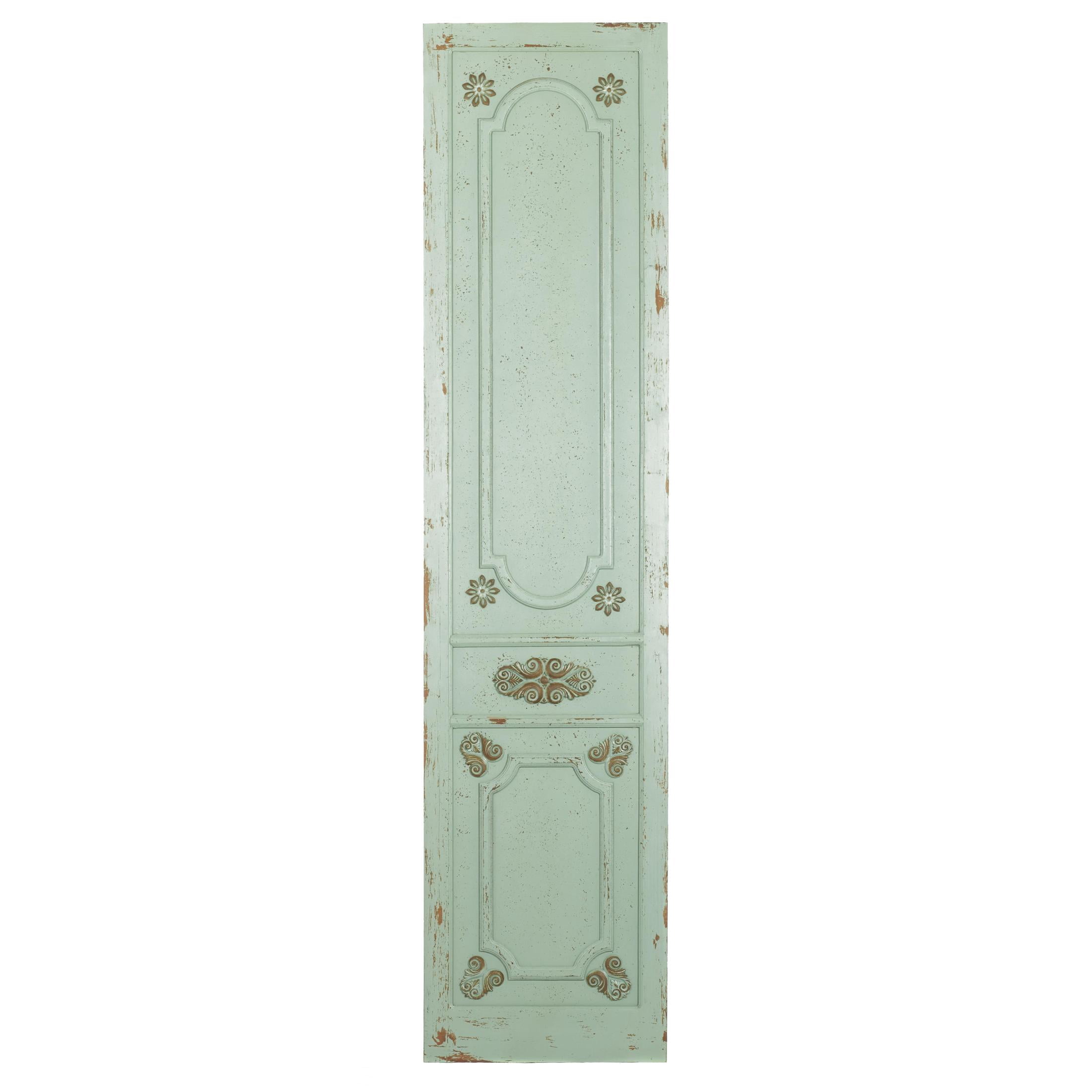 DecMode Green Wood Distressed Antique Door Panel Scroll Wall Decor