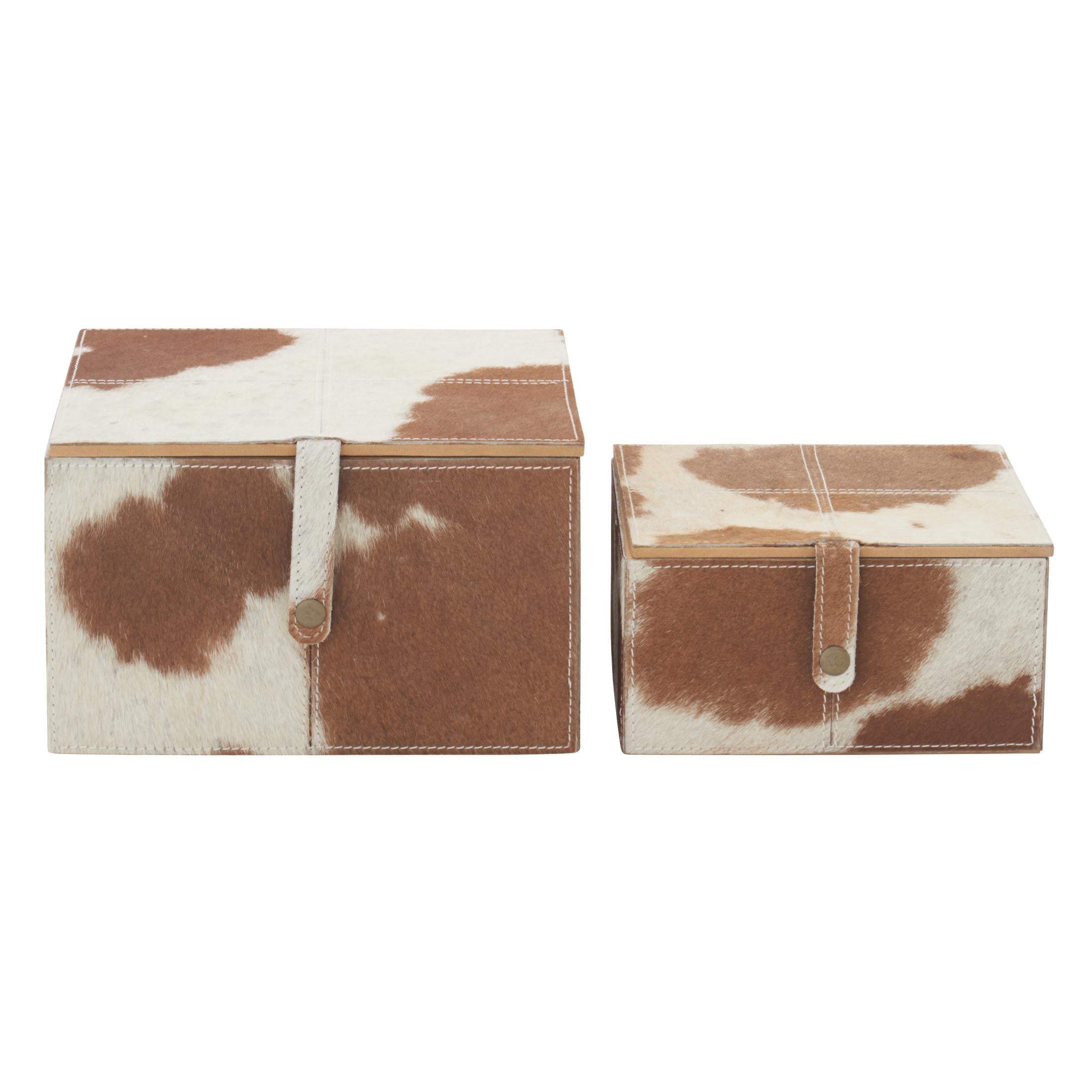 DecMode Handmade Brown Leather Decorative Box with Snap Front Closure and Detailed Stitching, 2 Count