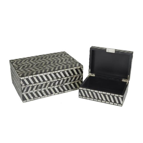 DecMode Handmade Chevron Pattern Gray Mother of Pearl Shell Decorative Box with Hinged Lid, 2 Count