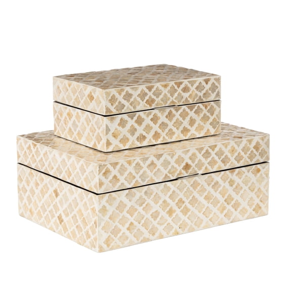 DecMode Handmade Cream Mother of Pearl Shell Decorative Box with Hinged Lid, 2 Count