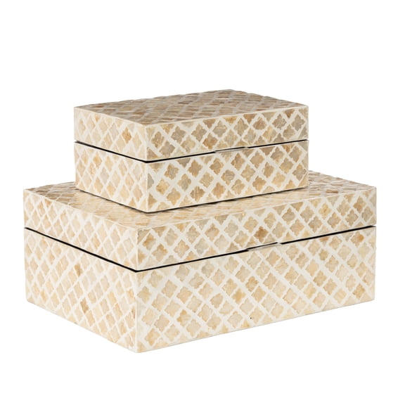 DecMode Handmade Beige Mother of Pearl Shell Decorative Box with Hinged Lid, 2 Count