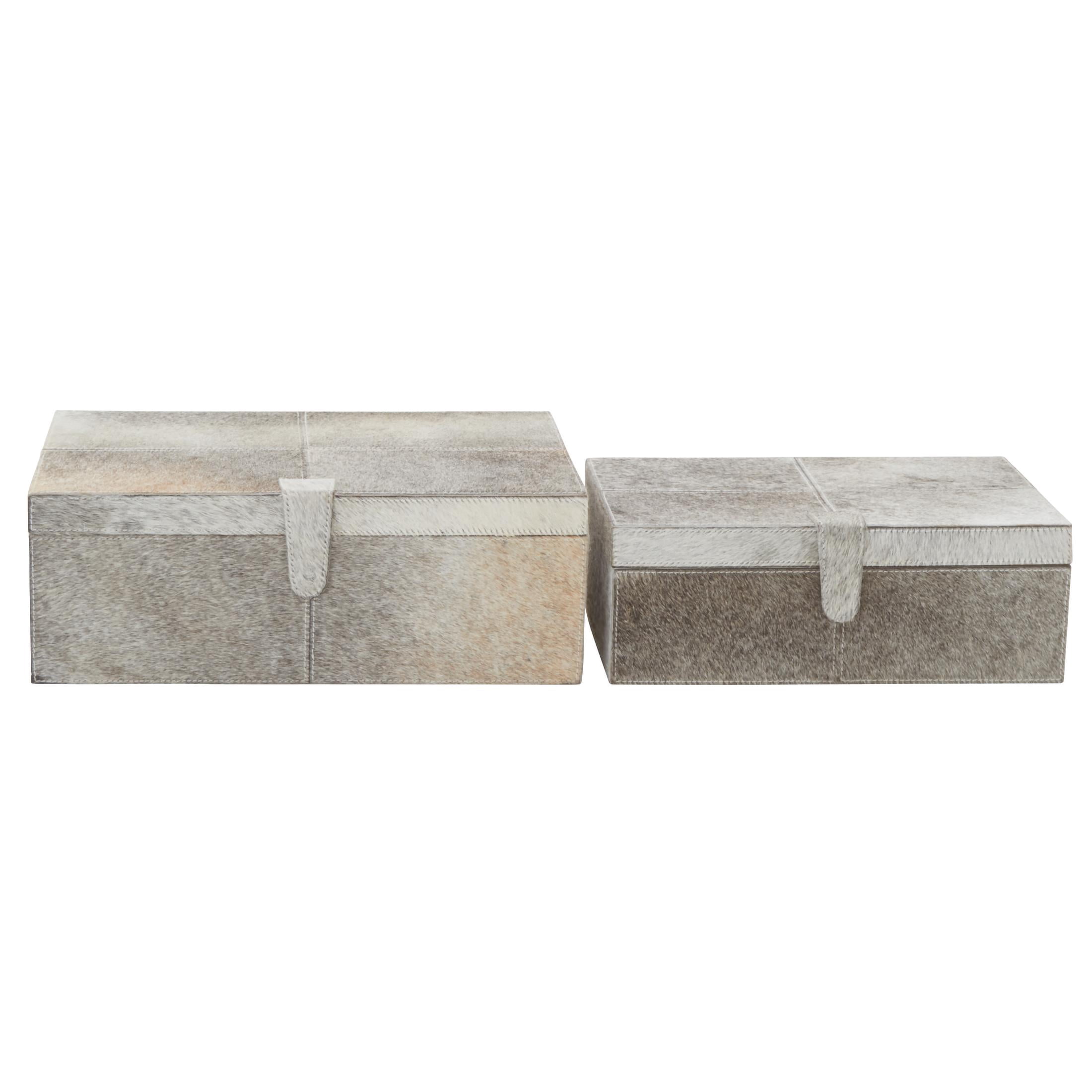 DecMode Handmade Gray Leather Decorative Box with Snap Front Closure and Detailed Stitching, 2 Count