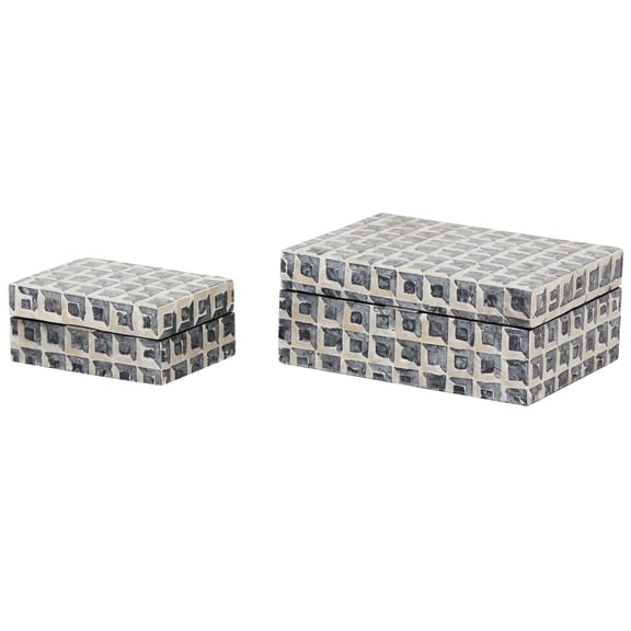 DecMode Handmade Grid Dark Gray Capiz Shell Decorative Box with Cream Underlay and Hinged Lid, 2 Count