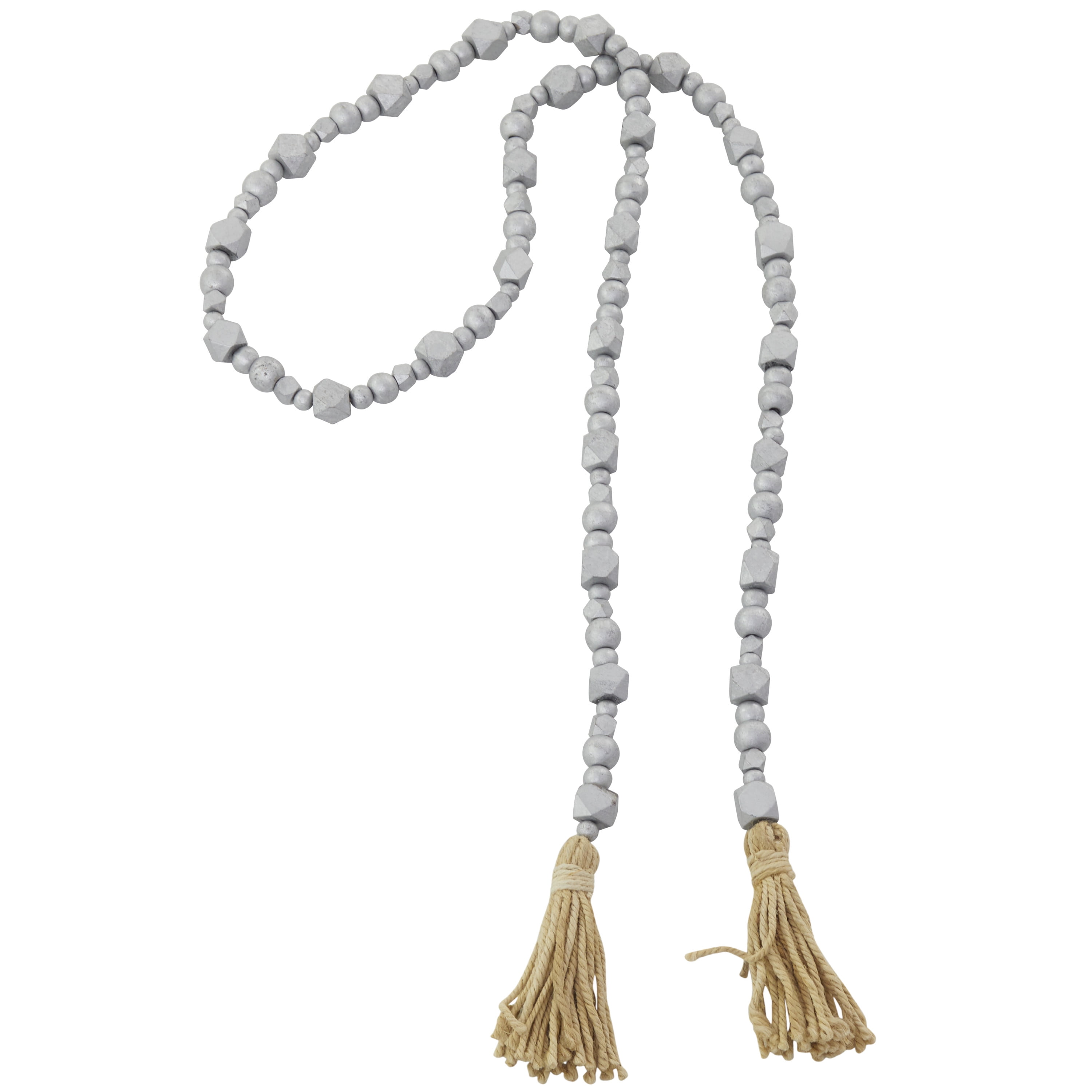 DecMode Handmade Hexagon Metallic Carved Geometric Long Beaded Silver Mango Wood Garland with Tassel