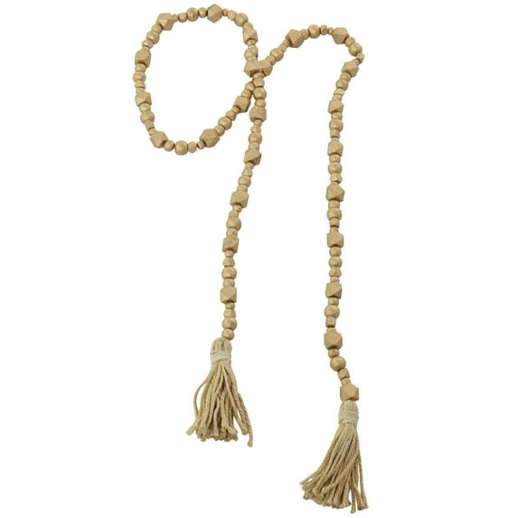 DecMode Handmade Hexagon Metallic Carved Geometric Long Gold Mango Wood Garland with Tassel