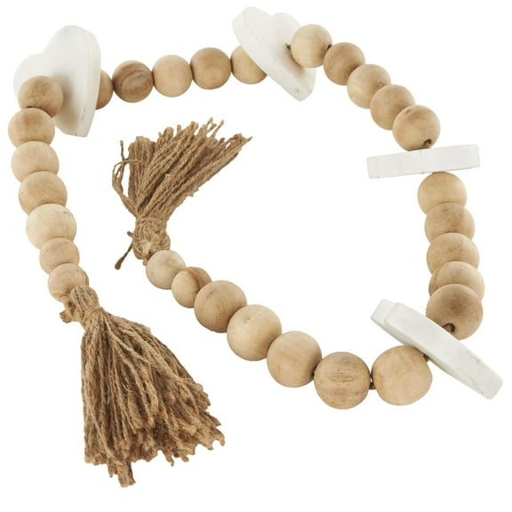 DecMode Handmade Light Brown Marble Heart Garland with Tassel with Knotted Brown Jute and White Accents