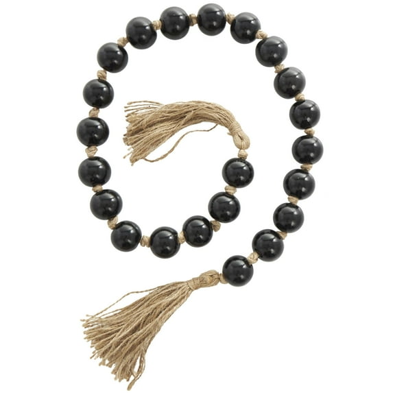 DecMode Handmade Round Black Glass Garland with Tassel with Knotted Brown Jute
