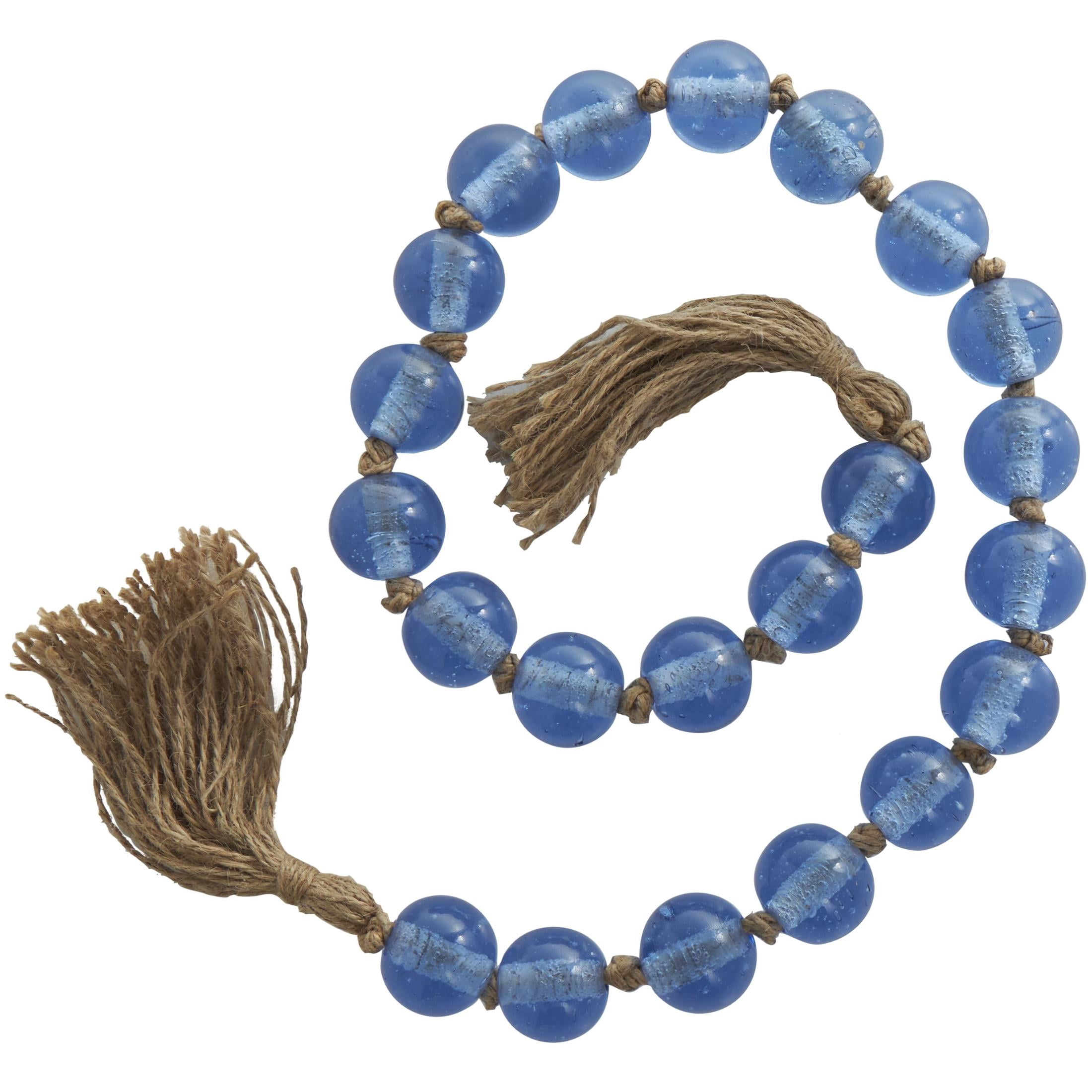 DecMode Handmade Round Blue Glass Garland with Tassel with Knotted Jute
