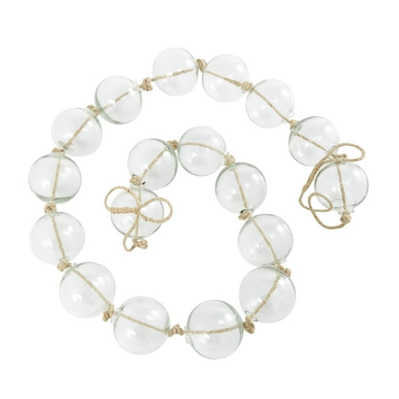 DecMode Handmade Round Extra Long Frosted Orb Clear Glass Garland with Tassel with Knotted Jute Rope