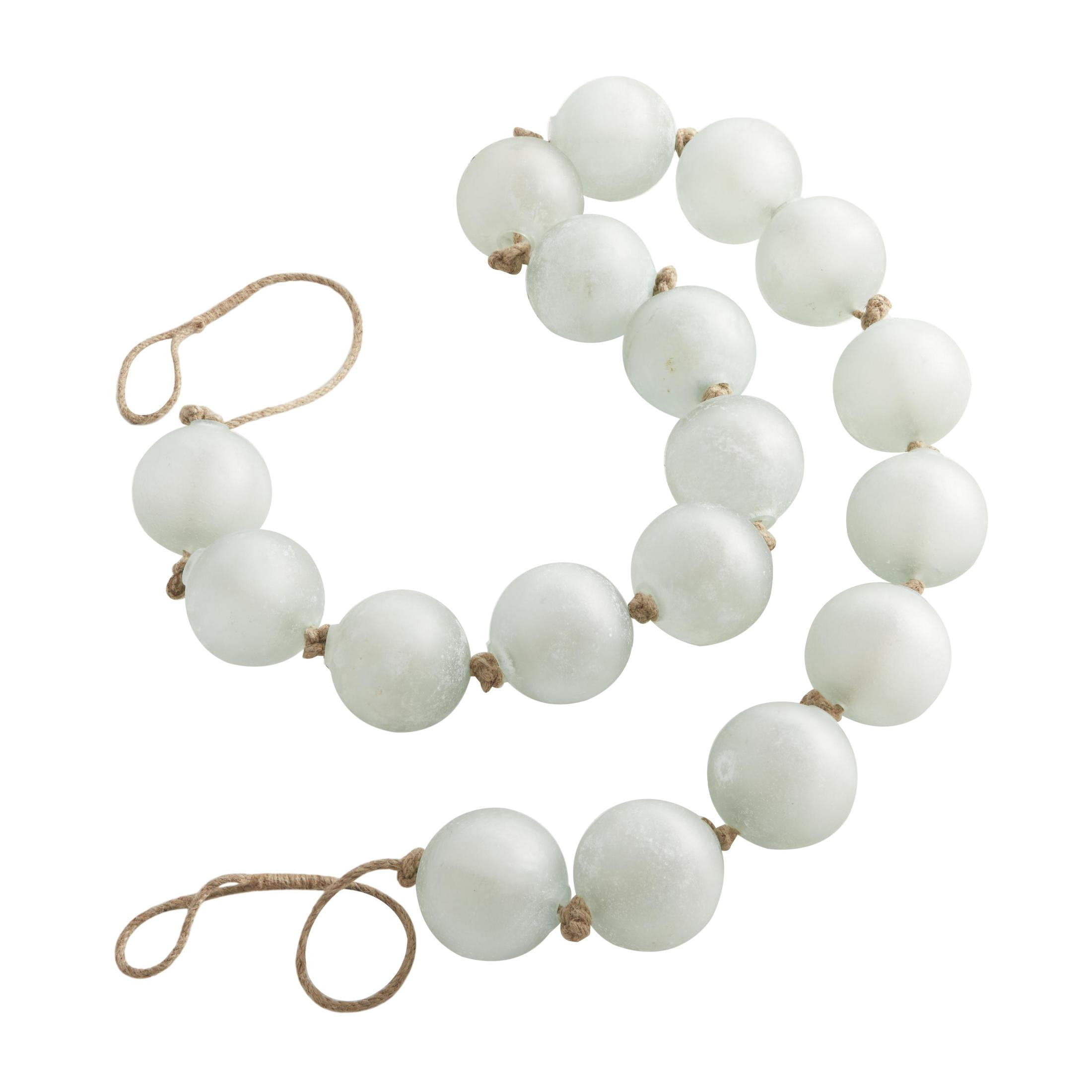 DecMode Handmade Round Extra Long Frosted Orb Teal Glass Garland with Tassel with Knotted Jute Rope