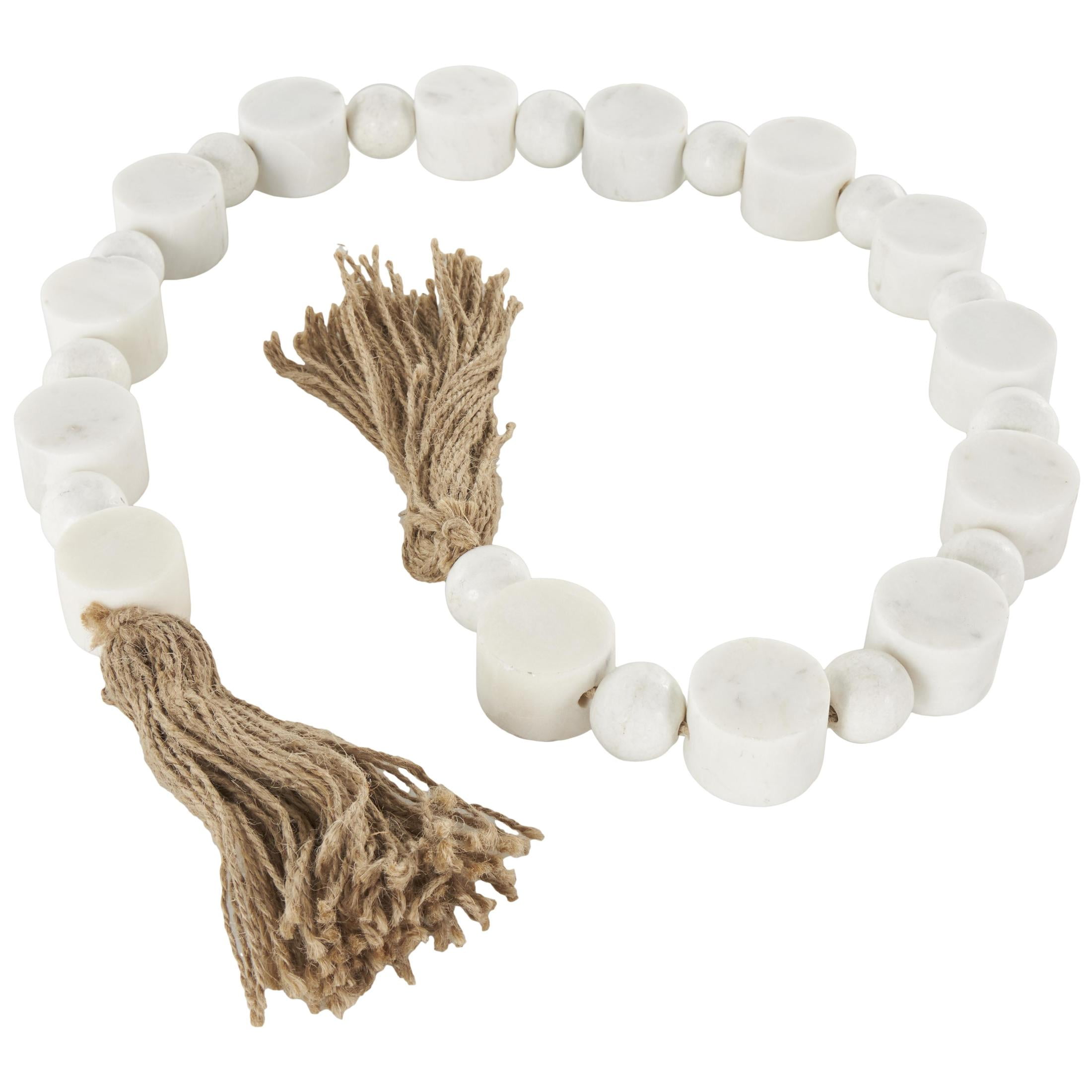 DecMode Handmade Round Extra Long Orb White Marble Garland with Tassel with Knotted Brown Jute