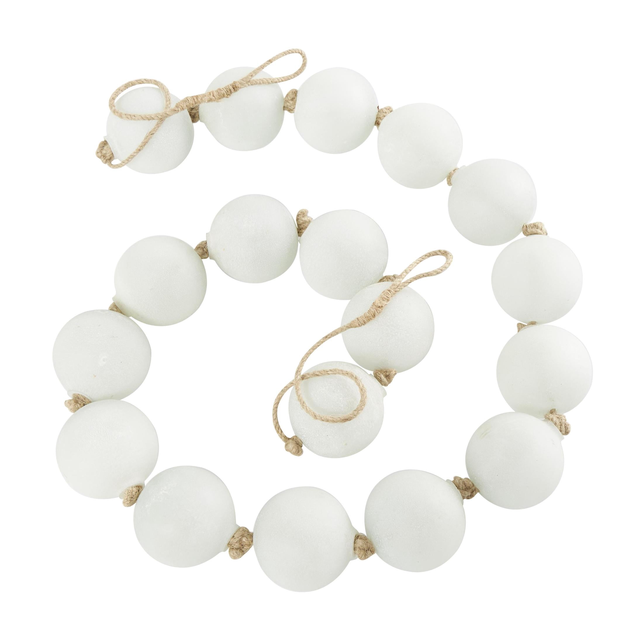 DecMode Handmade Round Extra Long Frosted Orb White Glass Garland with Tassel with Knotted Jute Rope