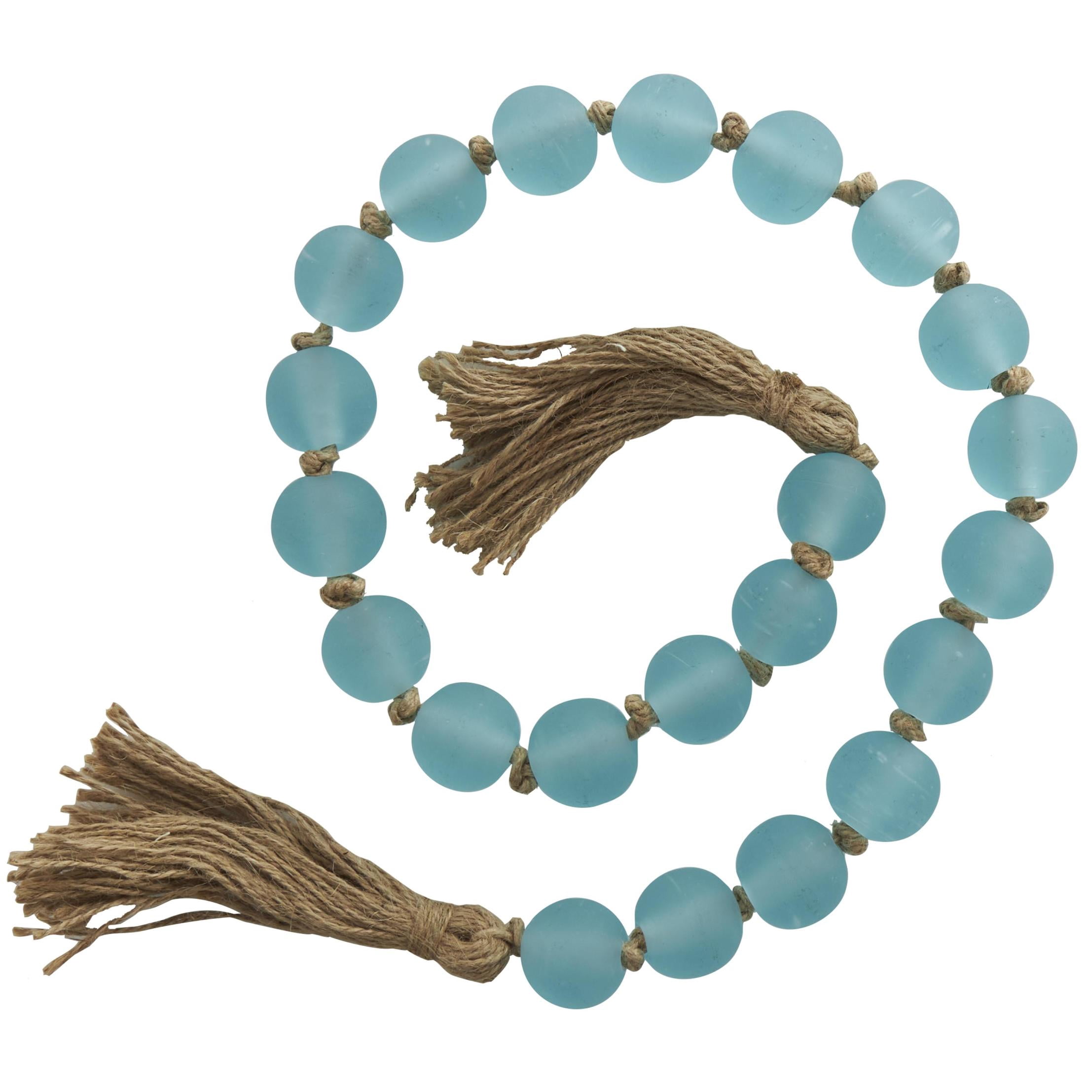 DecMode Handmade Round Frosted Teal Glass Garland with Tassel with Knotted Brown Jute