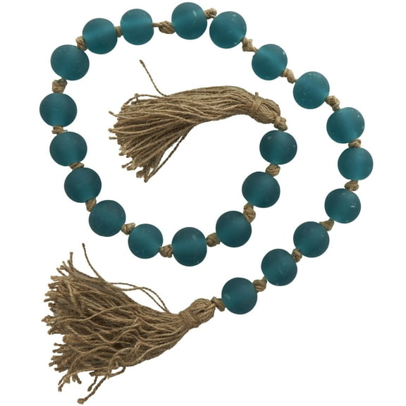 DecMode Handmade Round Frosted Teal Glass Garland with Tassel with Knotted Brown Jute