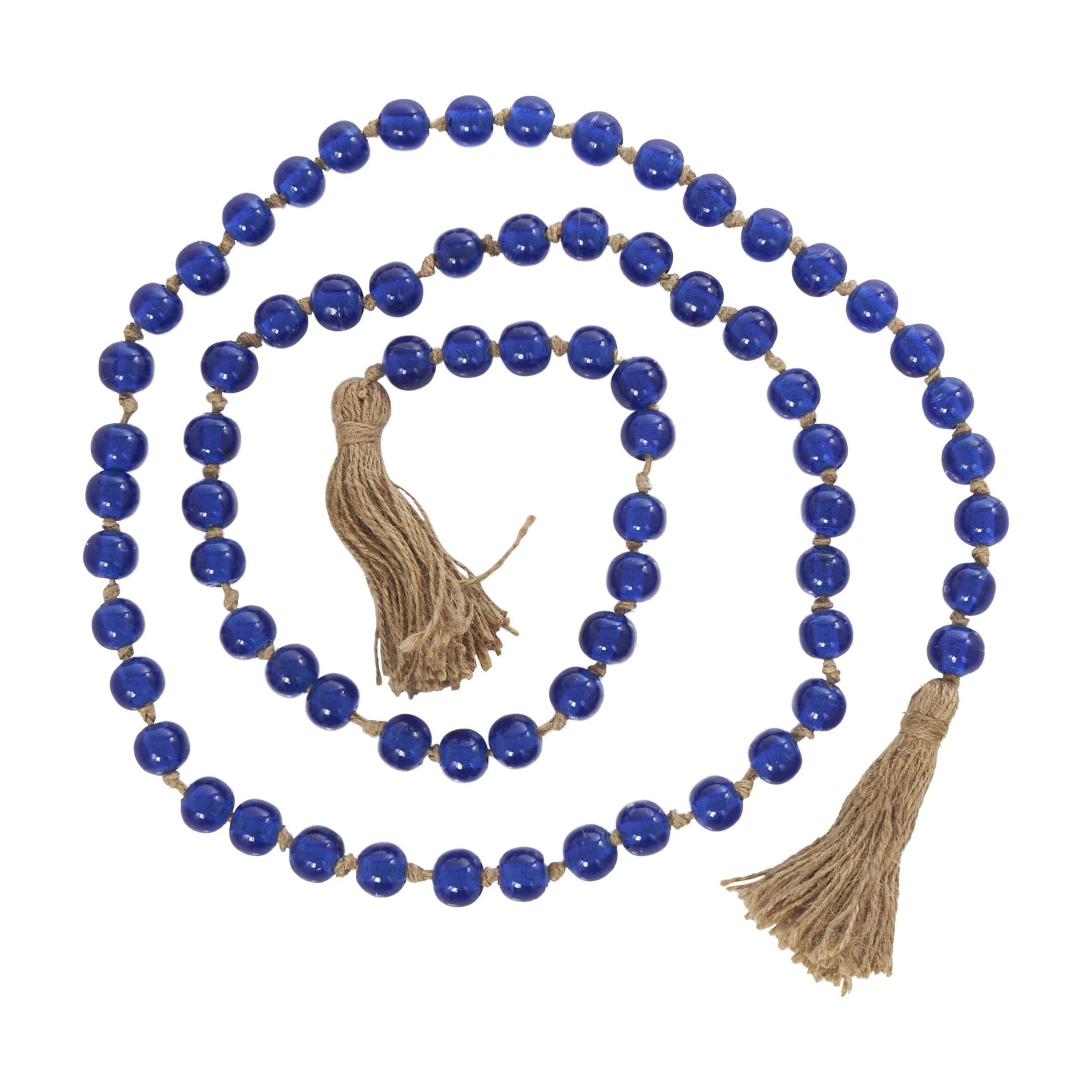 DecMode Handmade Round Long Blue Glass Garland with Tassel with Knotted Brown Jute