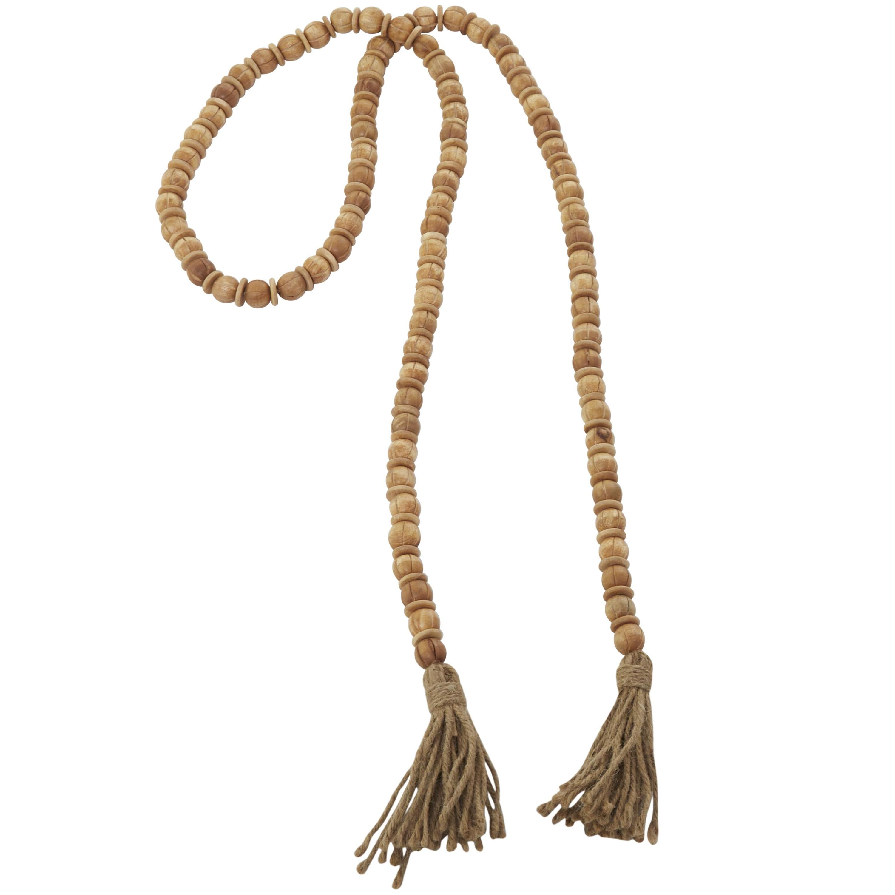 DecMode Handmade Round Long Carved Beaded Brown Mango Wood Garland with Tassel