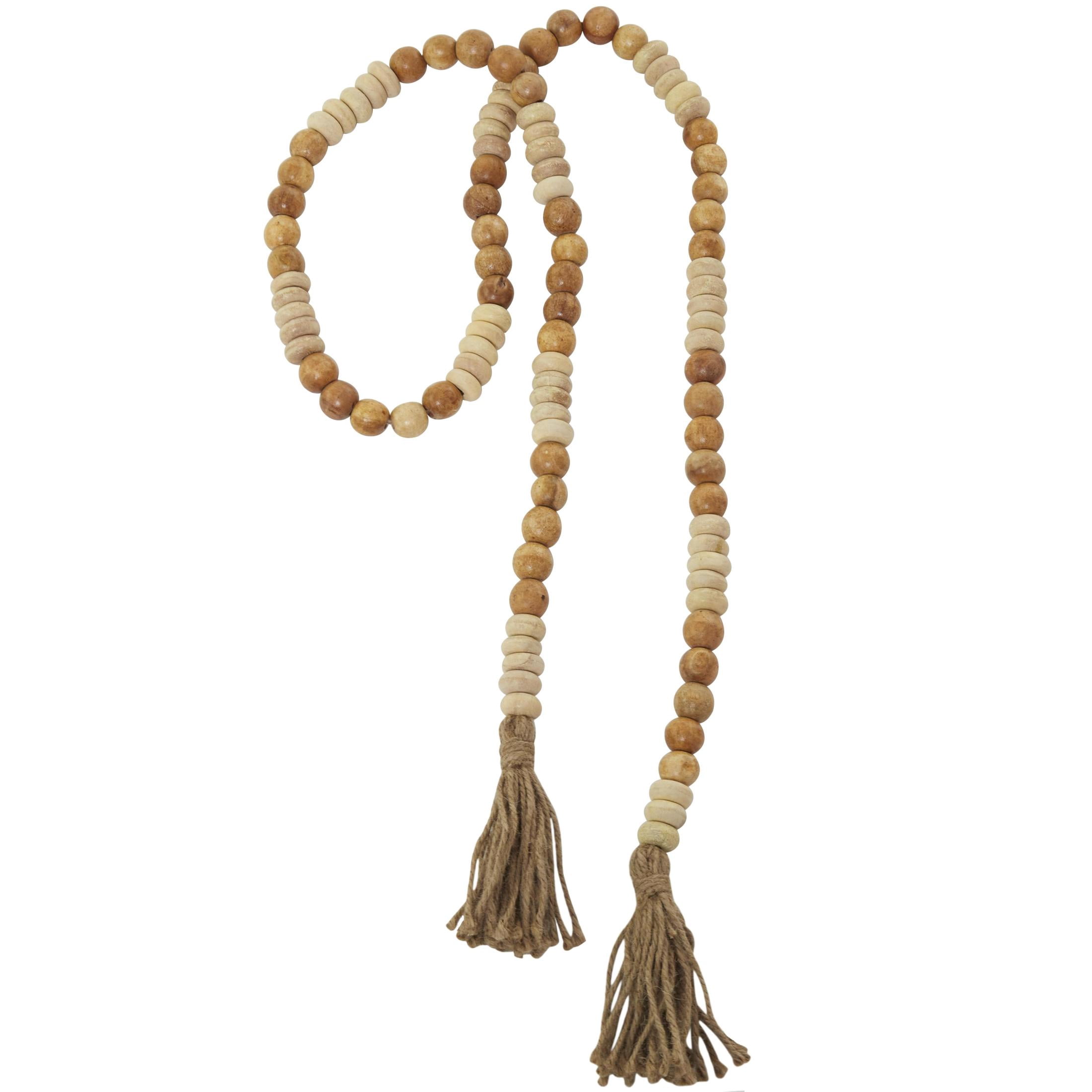 DecMode Handmade Round Long Carved Brown Mango Wood Garland with Tassel