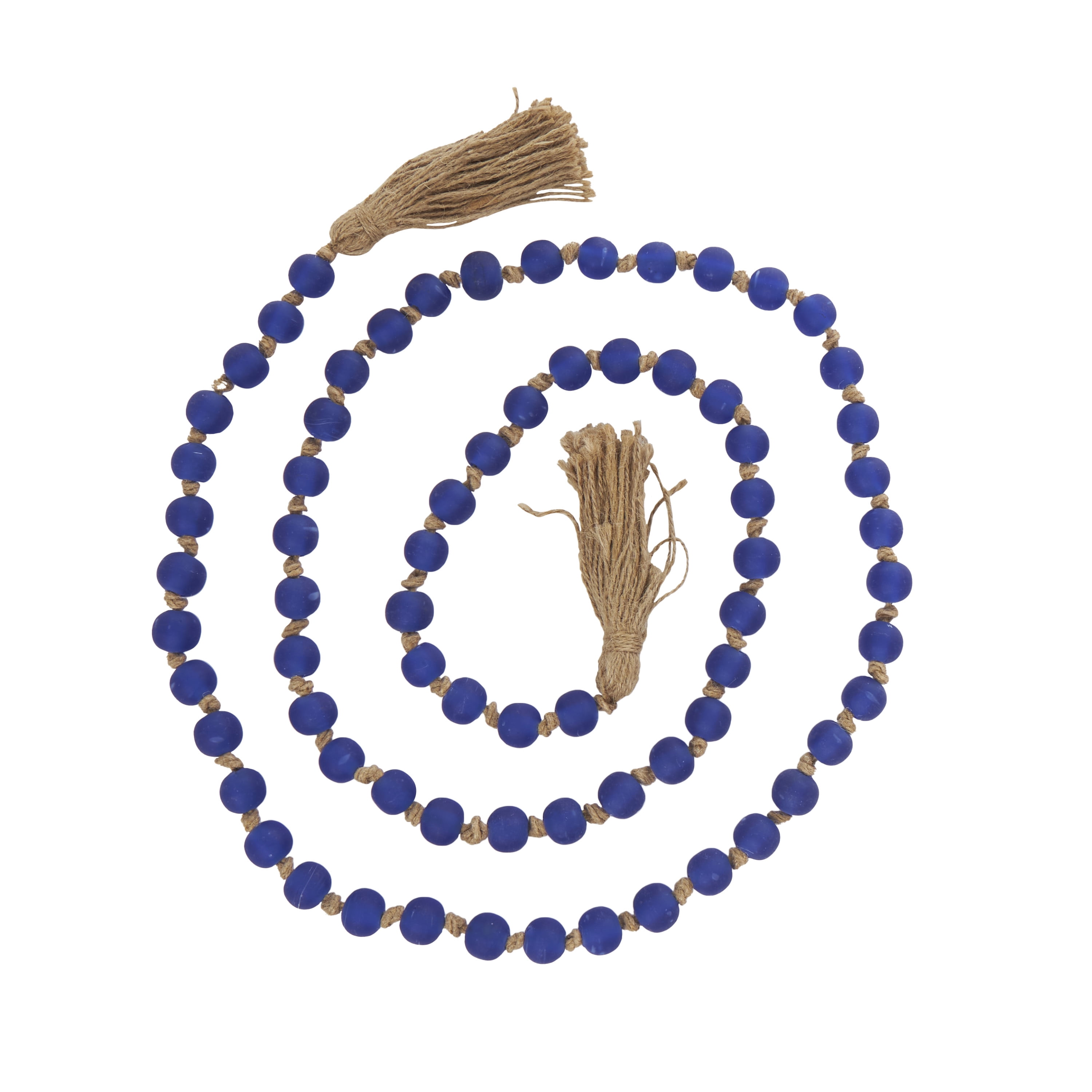 DecMode Handmade Round Long Frosted Beaded Blue Glass Garland with Tassel with Knotted Brown Jute
