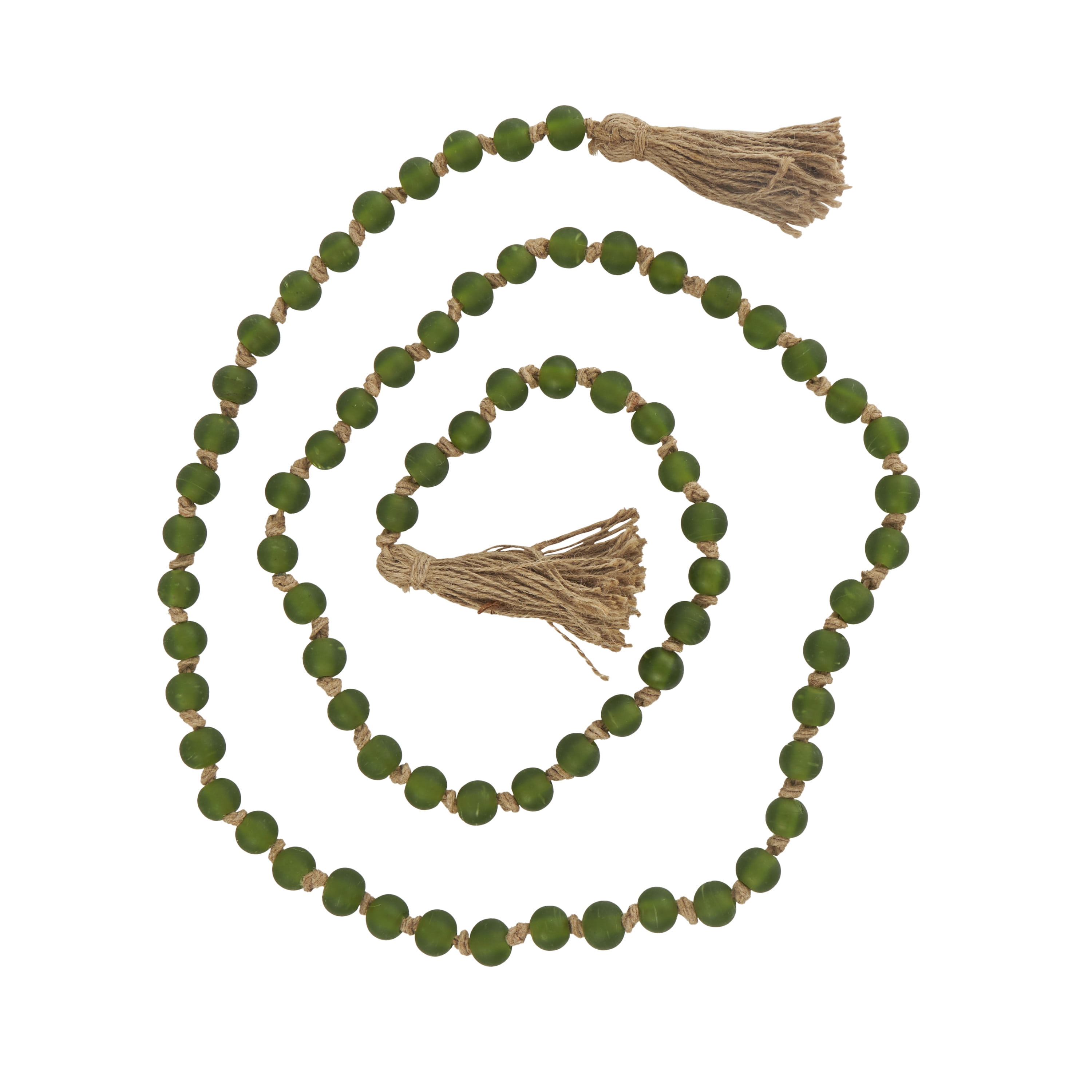 DecMode Handmade Round Long Frosted Beaded Green Glass Garland with Tassel with Knotted Brown Jute