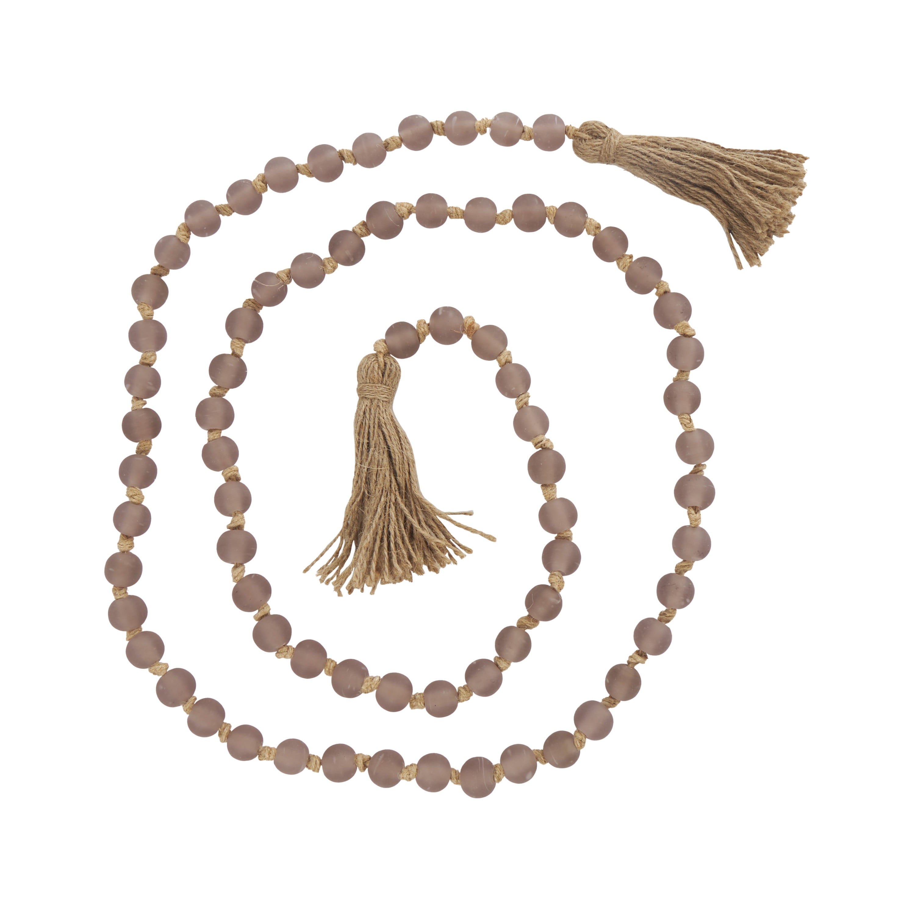 DecMode Handmade Round Long Frosted Beaded Pink Glass Garland with Tassel with Knotted Brown Jute