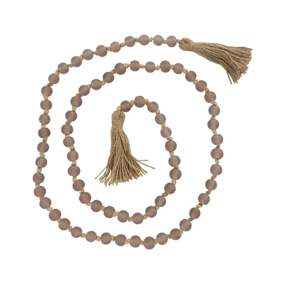 DecMode Handmade Round Long Frosted Beaded Pink Glass Garland with Tassel with Knotted Brown Jute