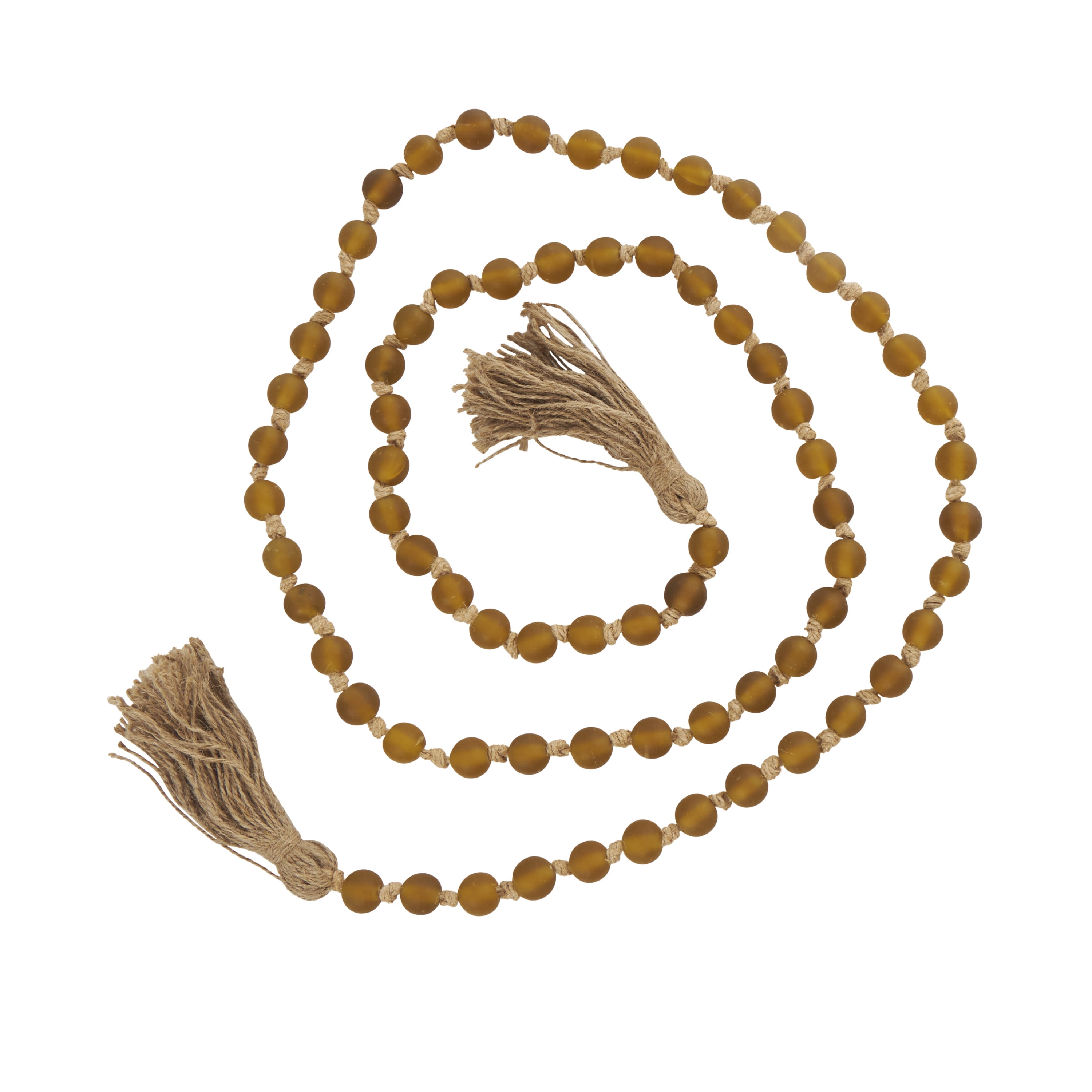 DecMode Handmade Round Long Frosted Beaded Yellow Glass Garland with Tassel with Knotted Brown Jute