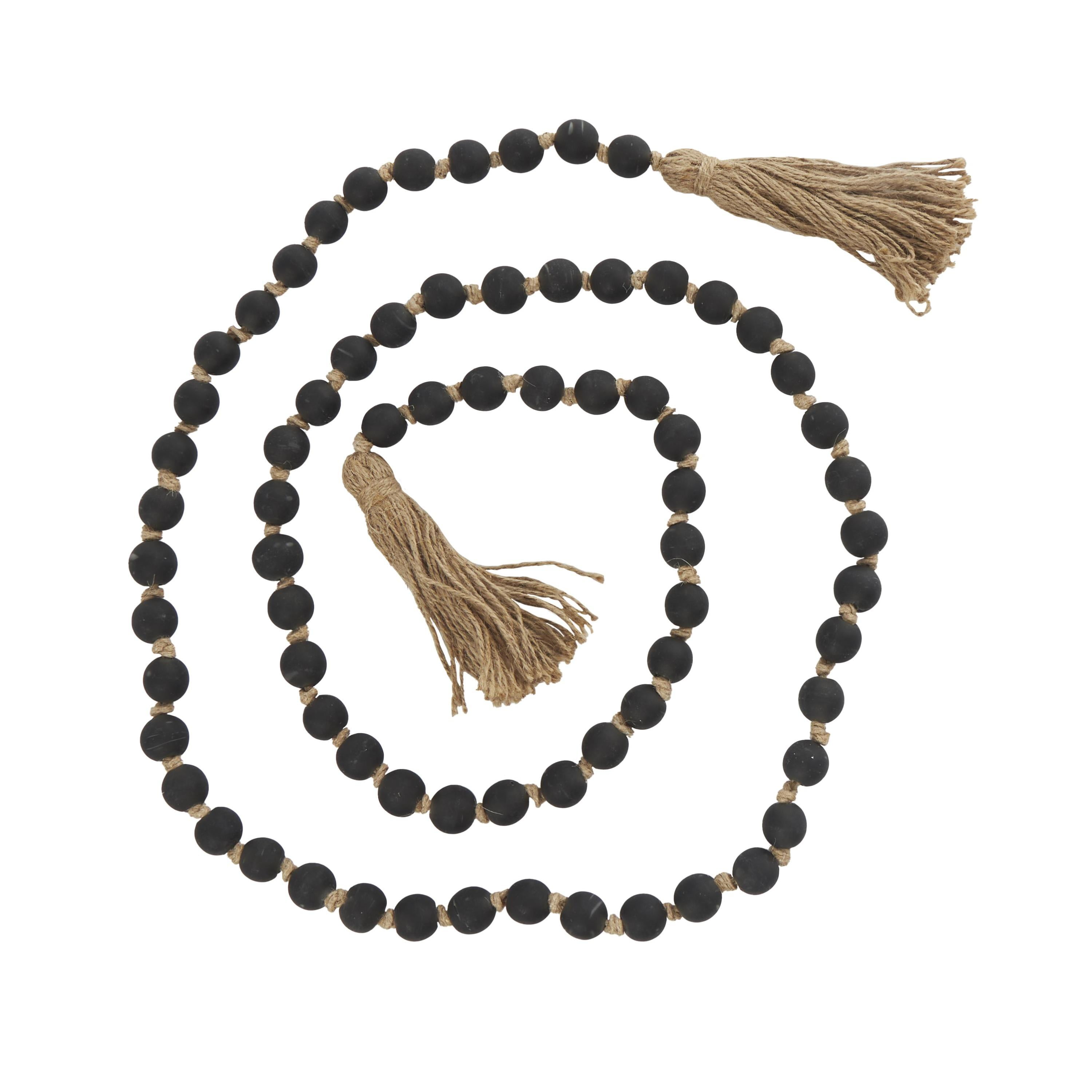 DecMode Handmade Round Long Frosted Black Glass Garland with Tassel with Knotted Brown Jute
