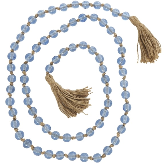 DecMode Handmade Round Long Light Blue Glass Garland with Tassel with Knotted Brown Jute