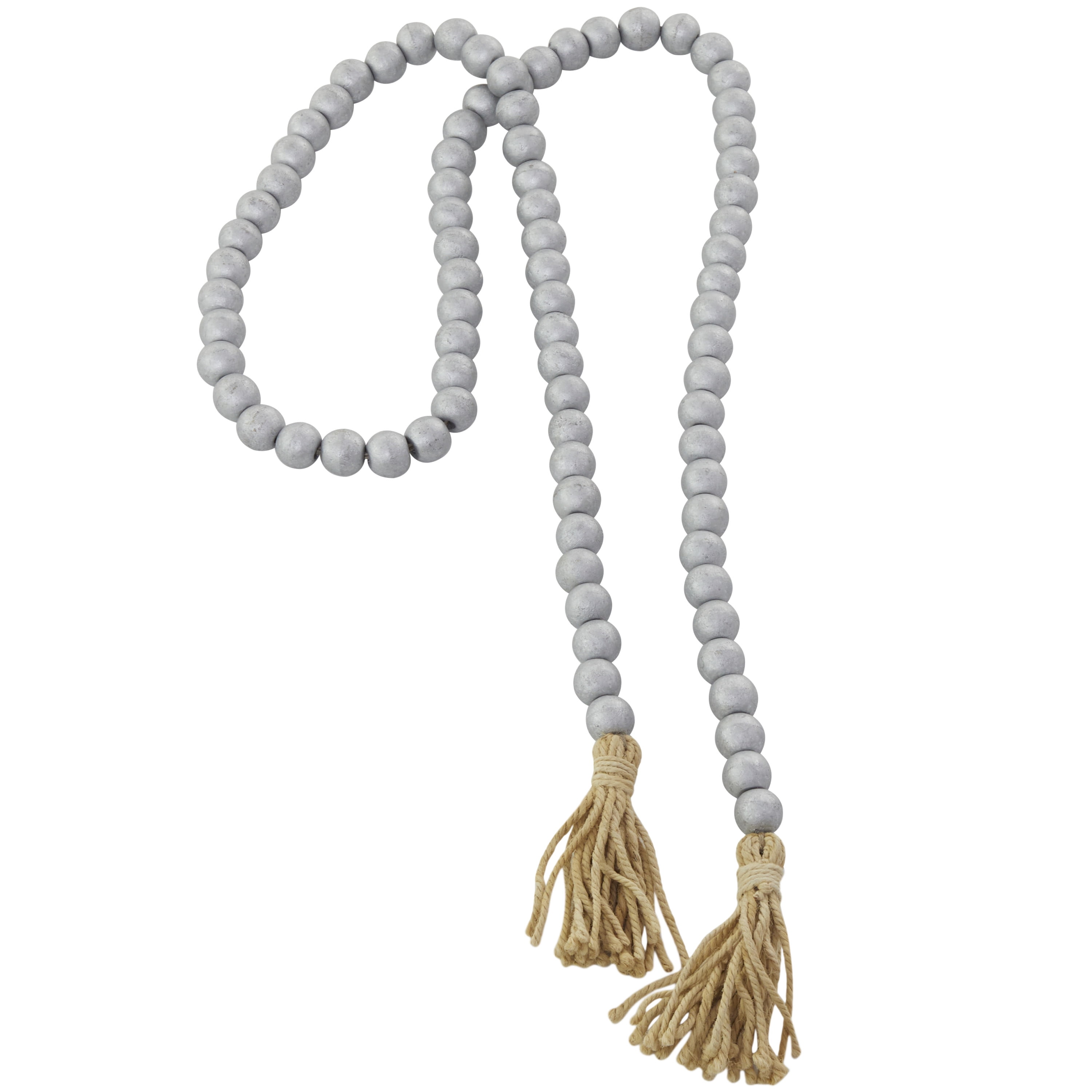 DecMode Handmade Round Metallic Long Carved Beaded Silver Mango Wood Garland with Tassel