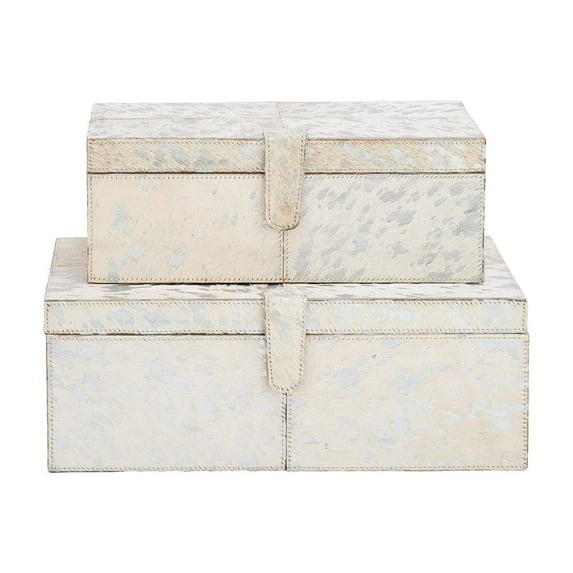 DecMode Handmade Cowhide Storage Silver Leather Decorative Box with Stitching Detail, 2 Count
