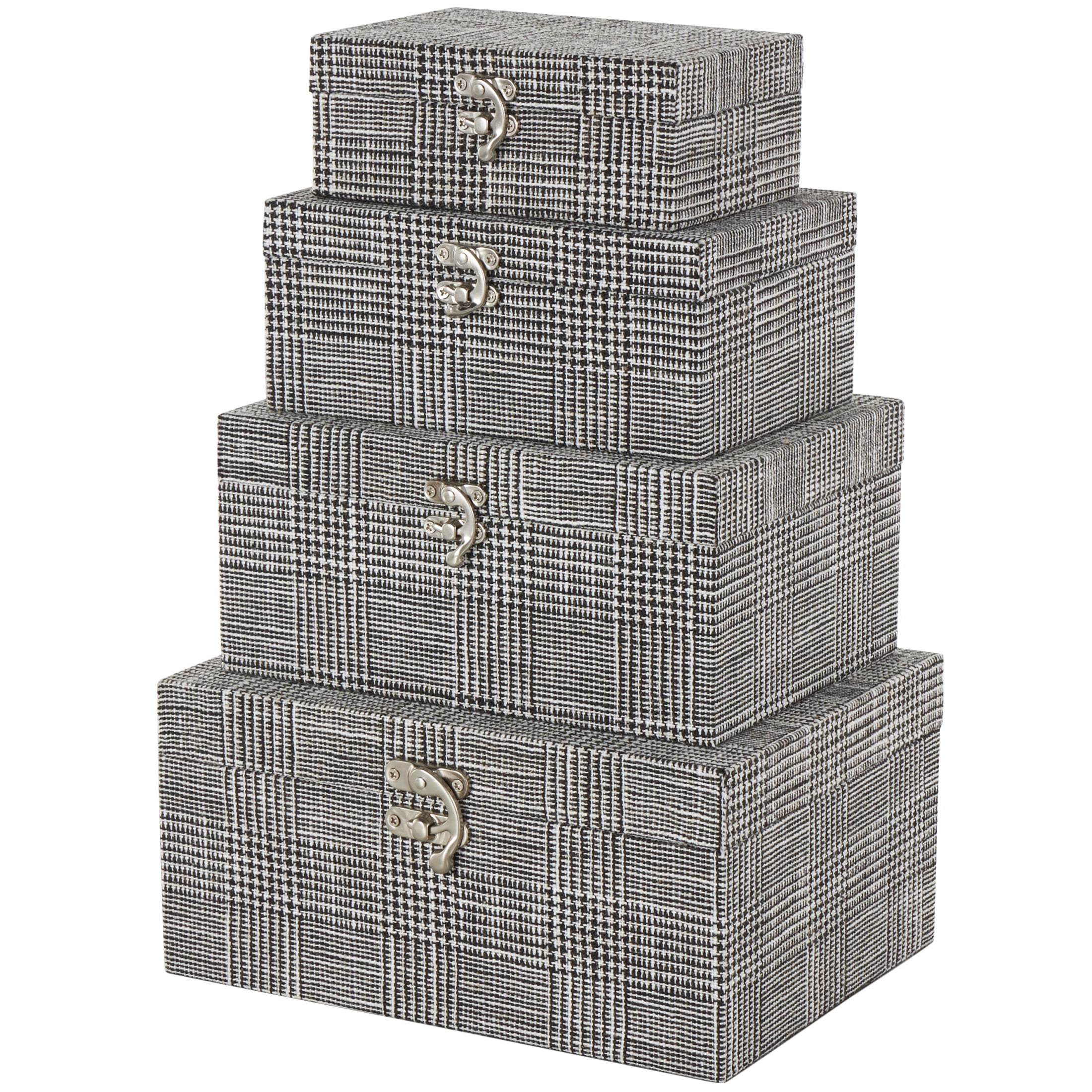 Handmade Black and White Fabric Storage Boxes with Silver Latches, Set of 4