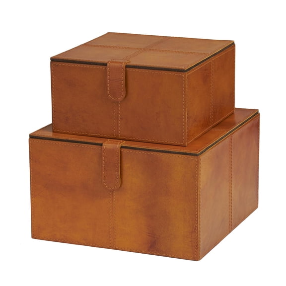 DecMode Handmade Storage Brown Leather Decorative Box with Snap Front Closure and Detailed Stitching, 2 Count