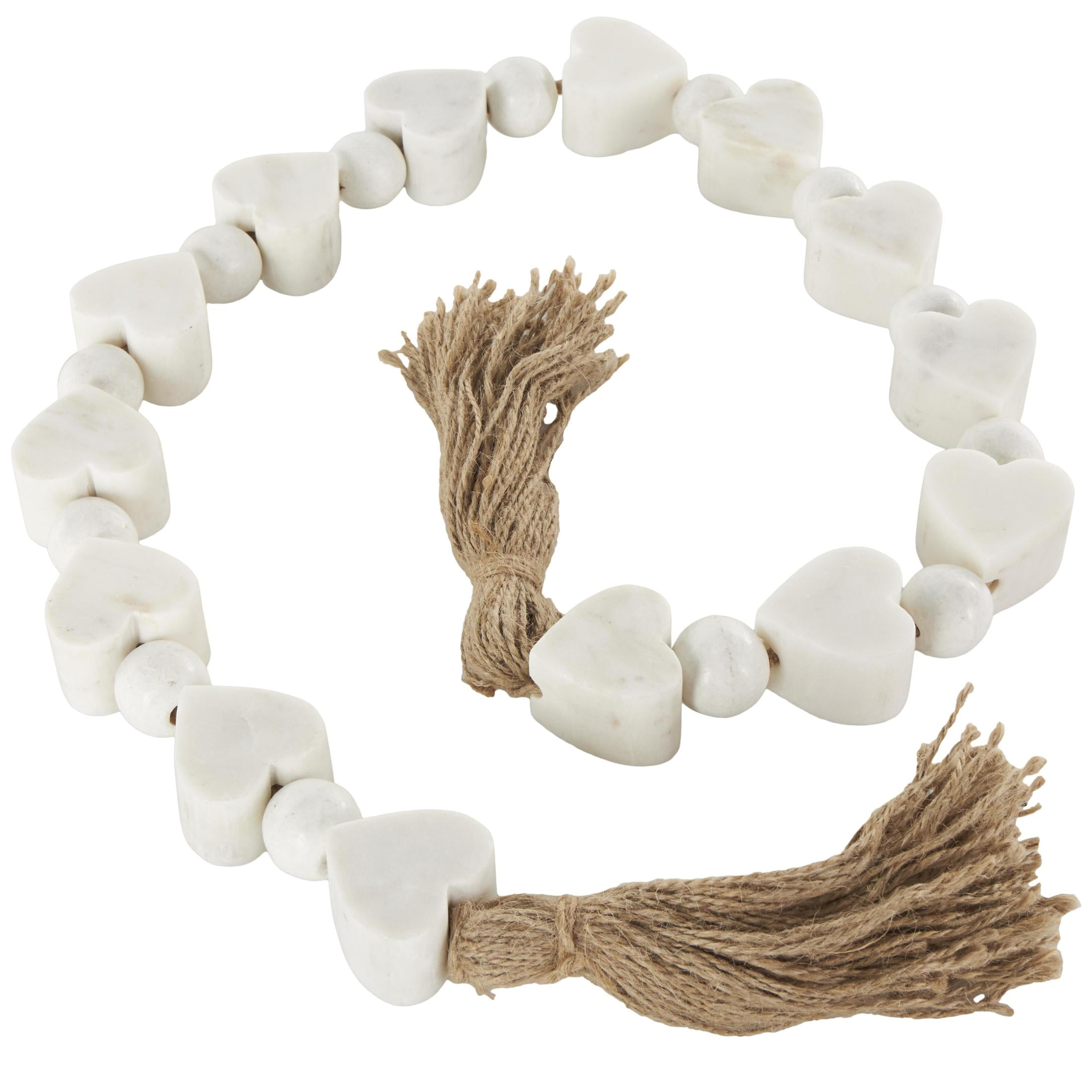 DecMode Handmade White Marble Heart Garland with Tassel with Knotted Jute