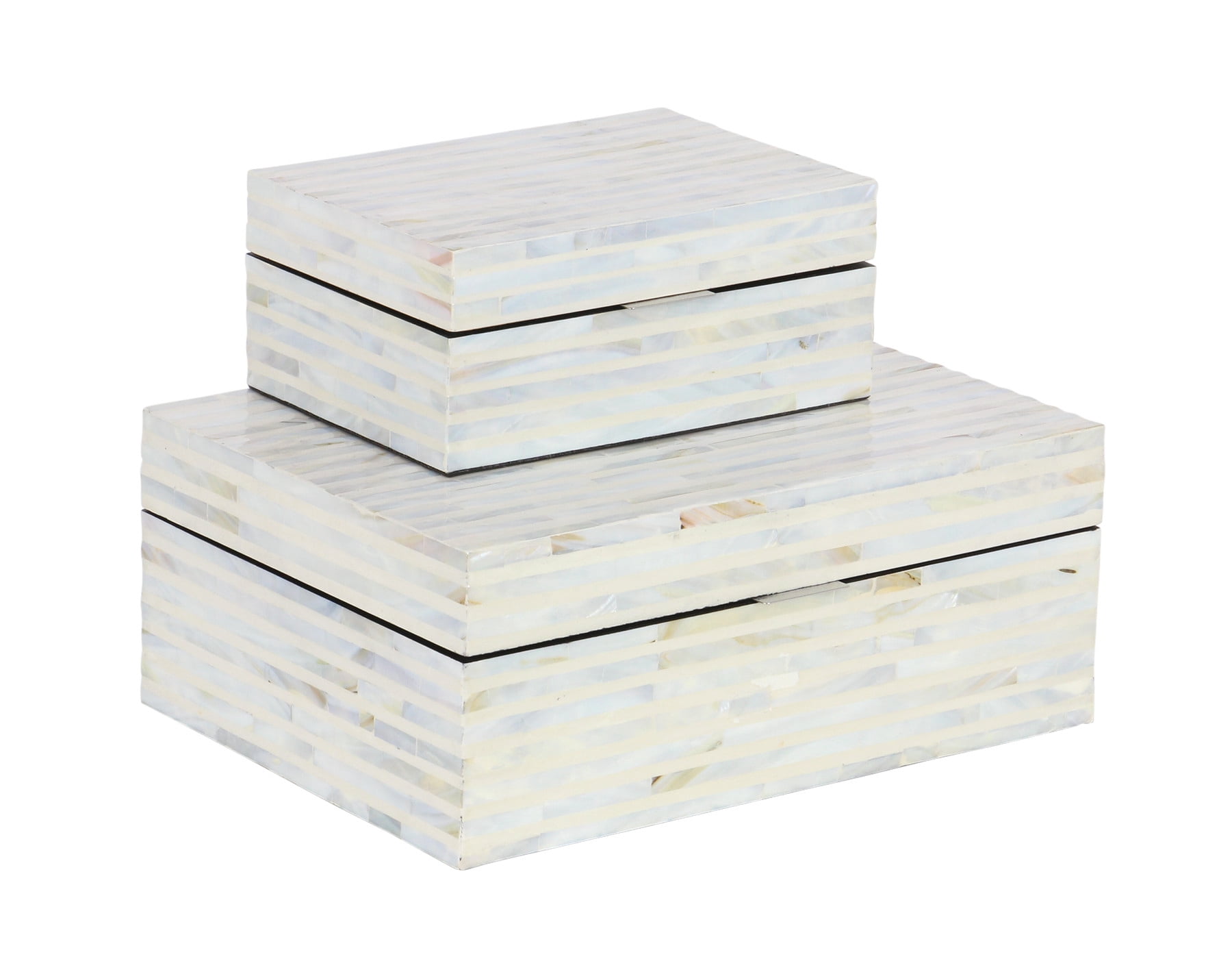 DecMode Handmade White Mother of Pearl Shell Decorative Box with Linear Mosaic Pattern and Hinged Lid, 2 Count