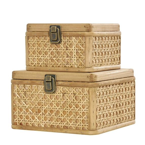 DecMode Handmade Woven Rattan Brown Rattan Decorative Box with Glass Tops and Bronze Latches, 2 Count