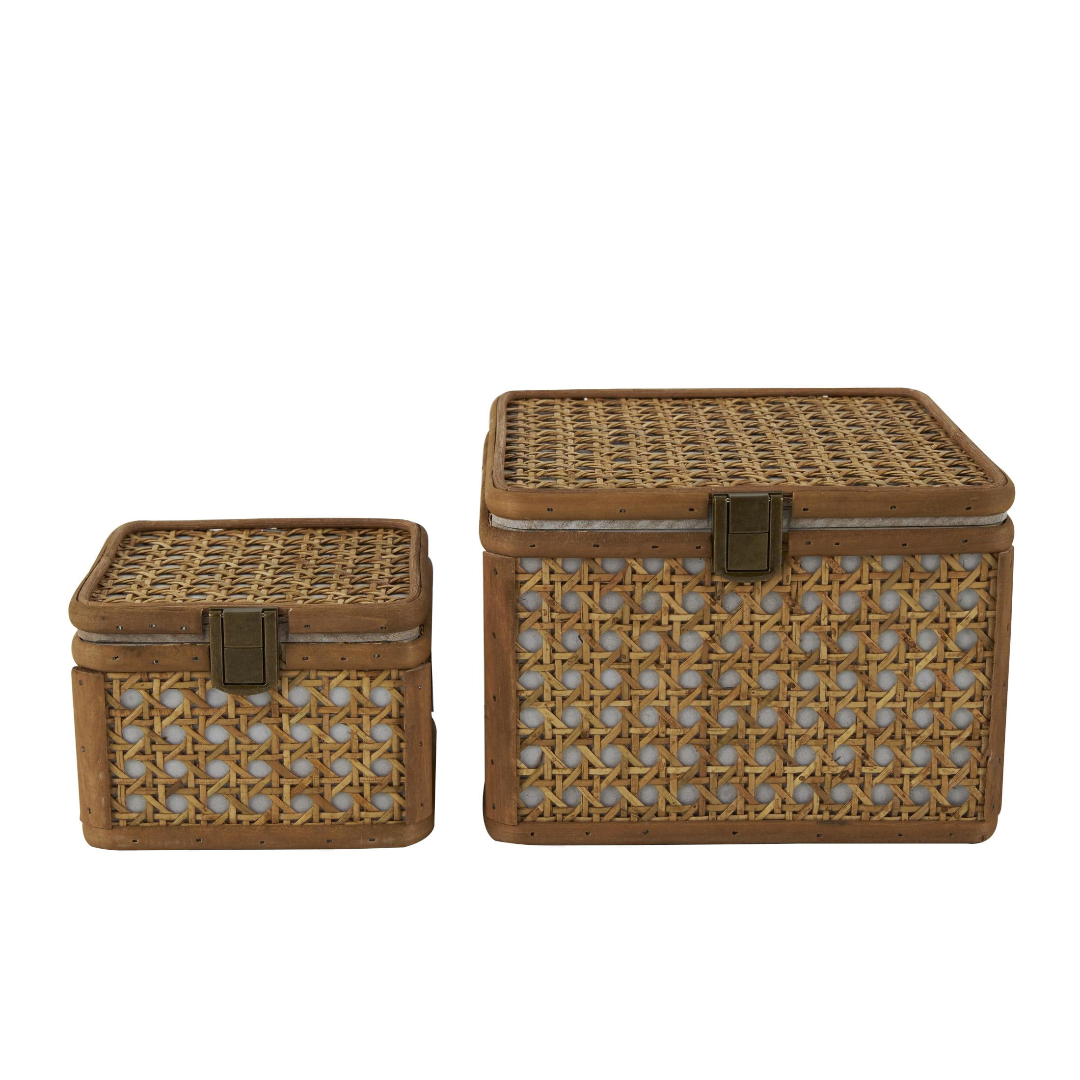DecMode Handmade Woven Rattan Brown Rattan Decorative Box with Bronze Latches, 2 Count
