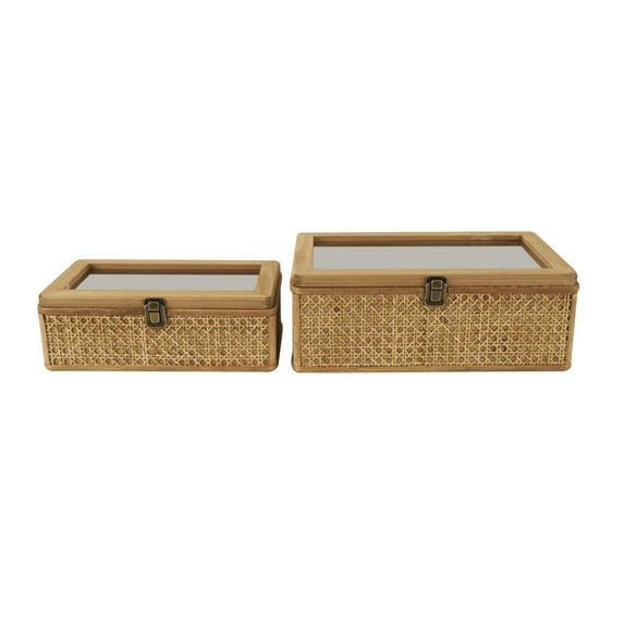 DecMode Handmade Woven Rattan Brown Rattan Decorative Box with Glass Tops and Bronze Latches, 2 Count