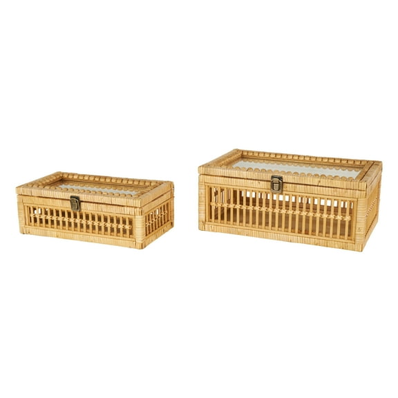 DecMode Handmade Woven Storage Brown Rattan Decorative Box with Glass Top and Bronze Latches, 2 Count