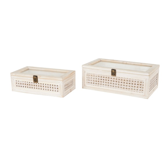 DecMode Handmade Woven Storage Cream Wood Decorative Box with Bronze Latches and Tempered Glass Tops, 2 Count