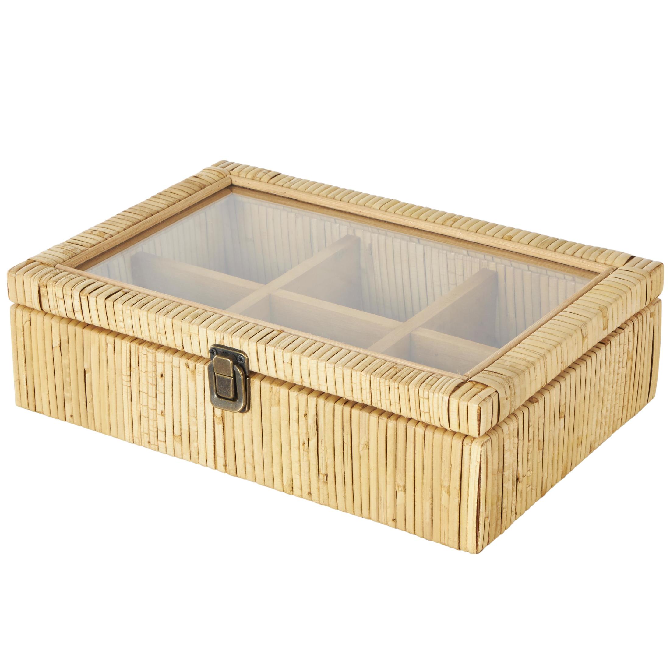 DecMode Handmade Wrapped 6 Slot Brown Rattan Decorative Jewelry Box with Tempered Glass Top