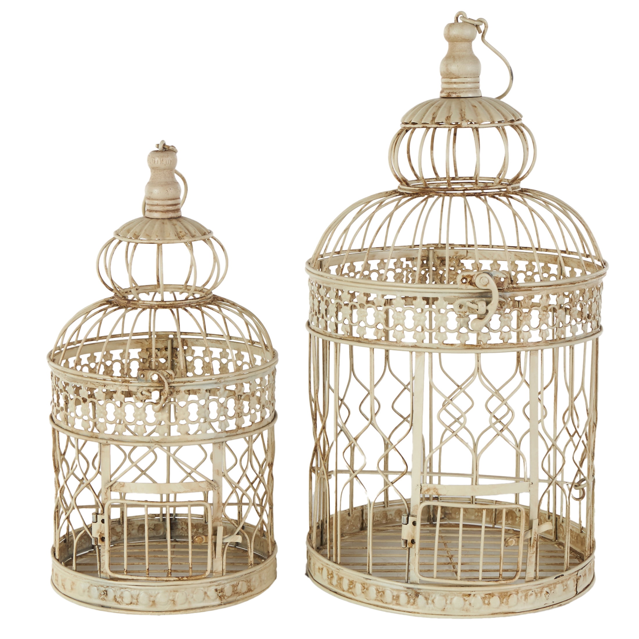 DecMode Hinged Top Cream Metal Birdcage with Latch Lock Closure and Hanging Hook, Set of 2