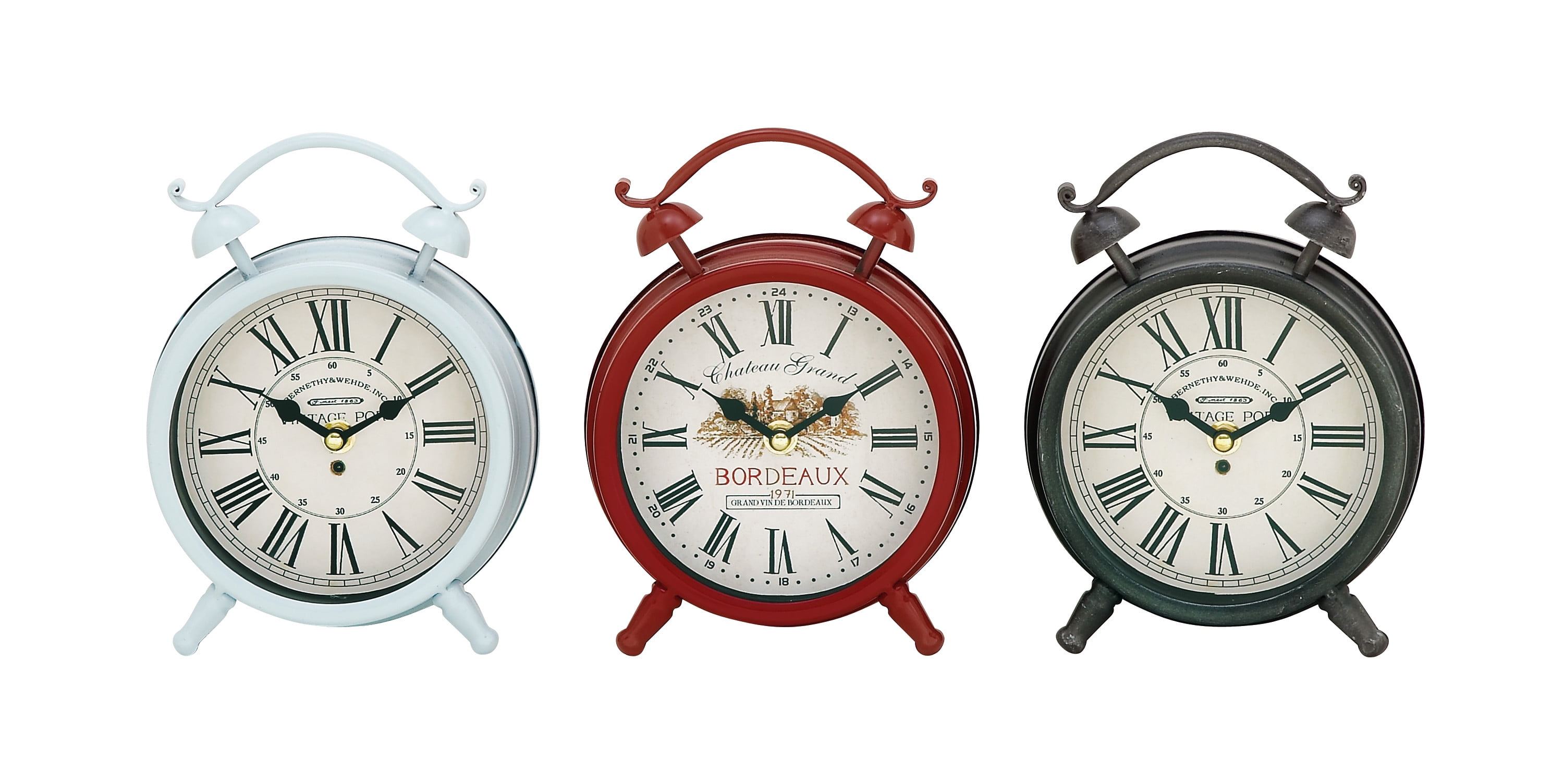 Multi-Colored Vintage Metal Round Tabletop Clocks Set of 3