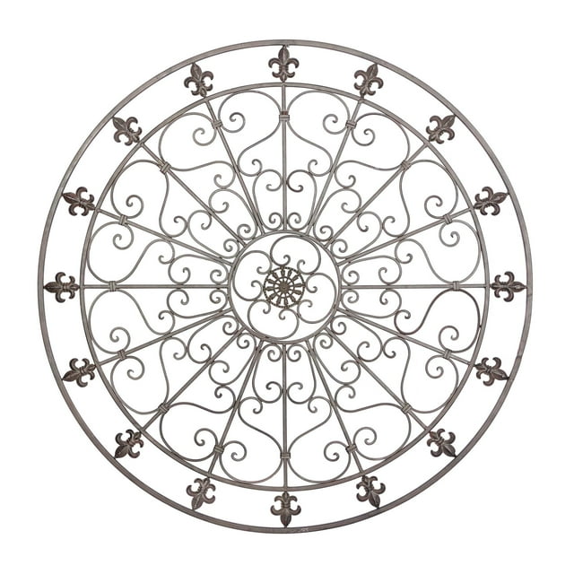 DecMode Bronze Metal Circle Fleur De Lis Wall Decor with Scrollwork