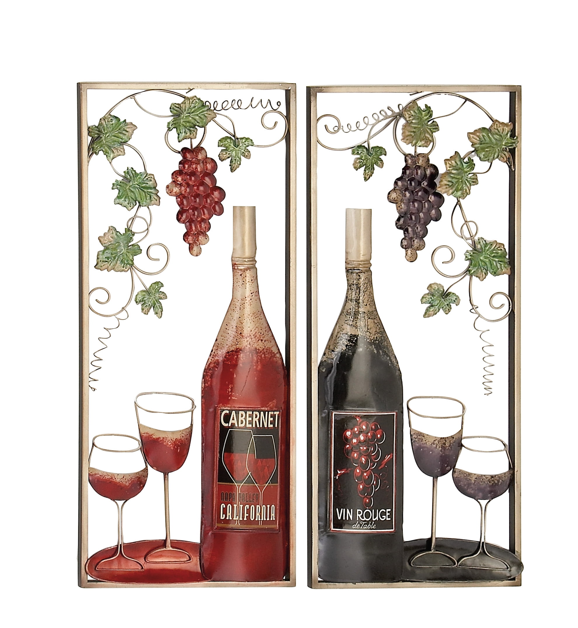 DecMode Indoor Gold Metal Traditional Wine Wall Decor, Set of 2